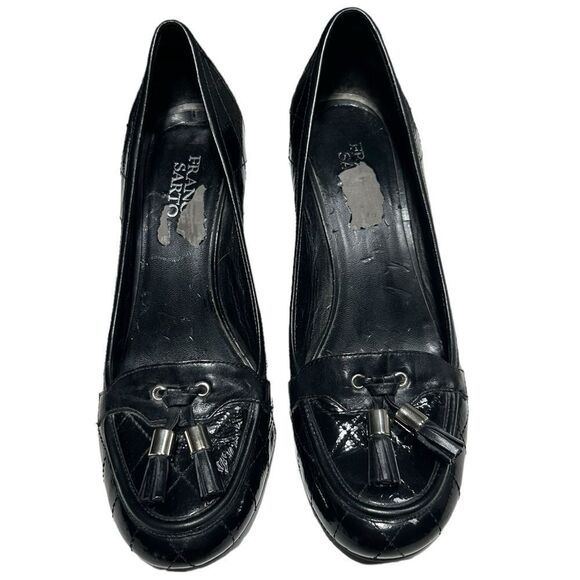 Franco Sarto Leather Quilted Black Heels Shiny Closed Toe 3 inch Heel Tassel - Picture 2 of 10